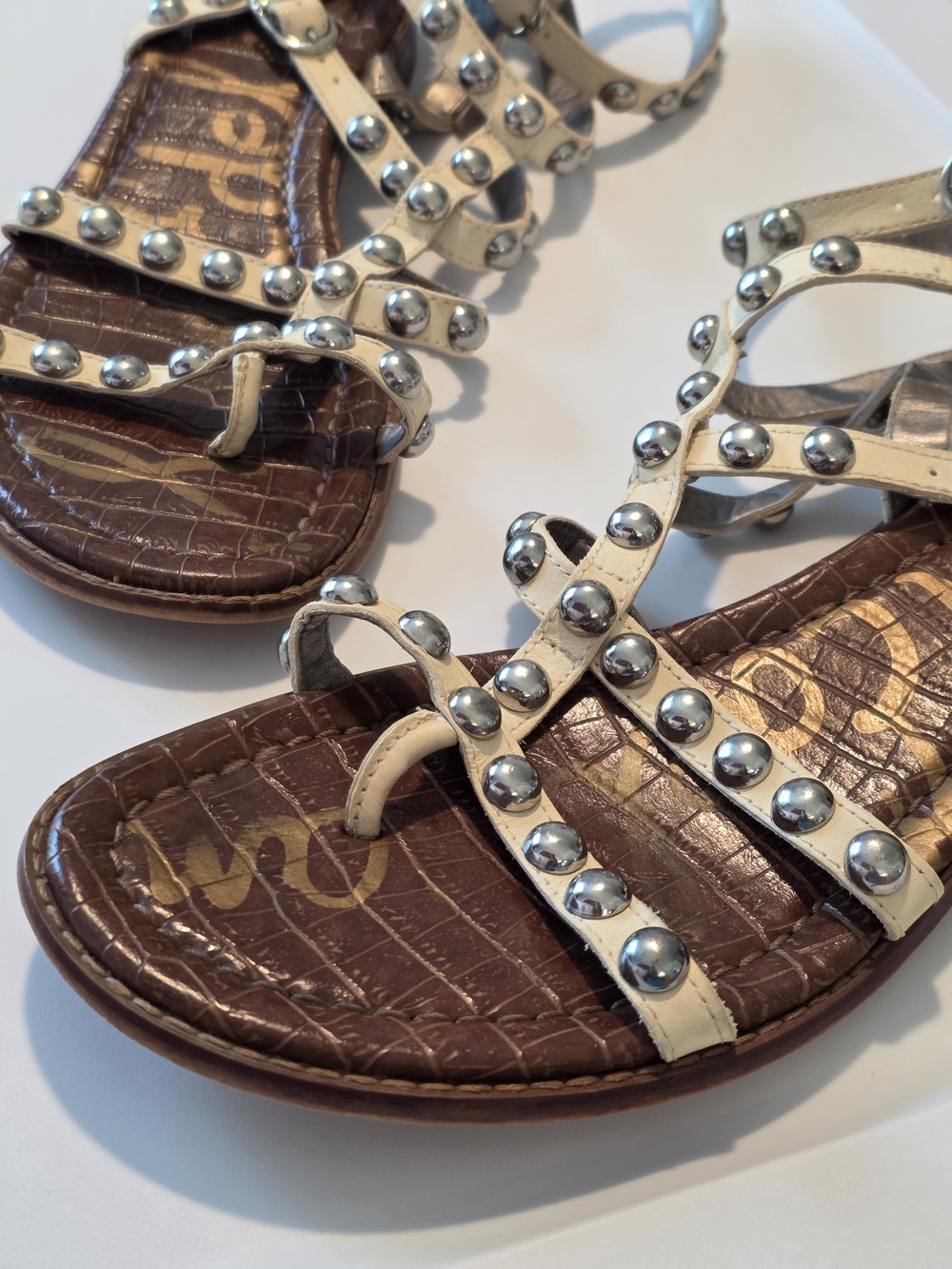 Sam Edelman Ivory Leather and Silver Studded Gladiator Sandals